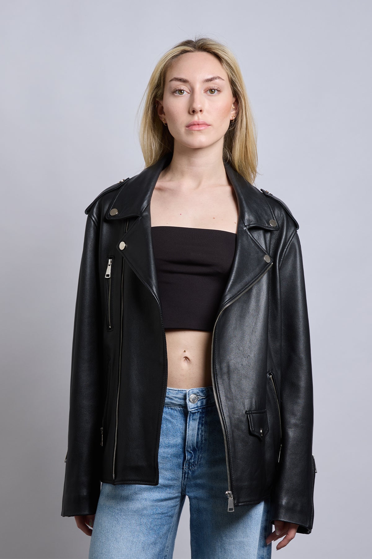 Bond | Siyah Oversized Biker Deri Ceket