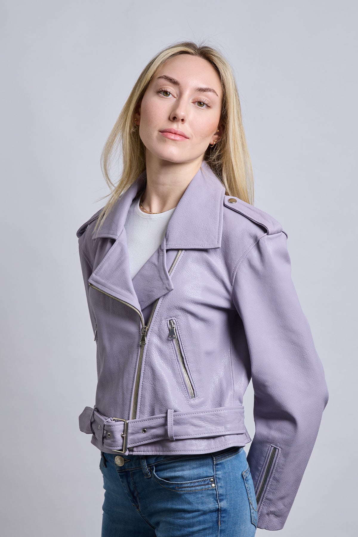 Biker | Lila Apoletli Deri Ceket