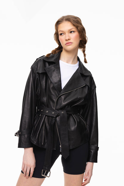 Kai | Siyah Oversized Biker Deri Ceket