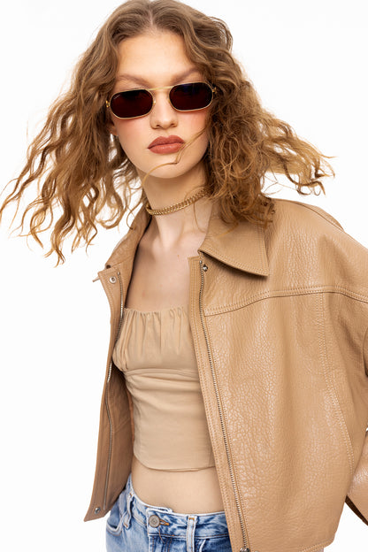 Stella | Camel Oversized Gömlek Deri Ceket