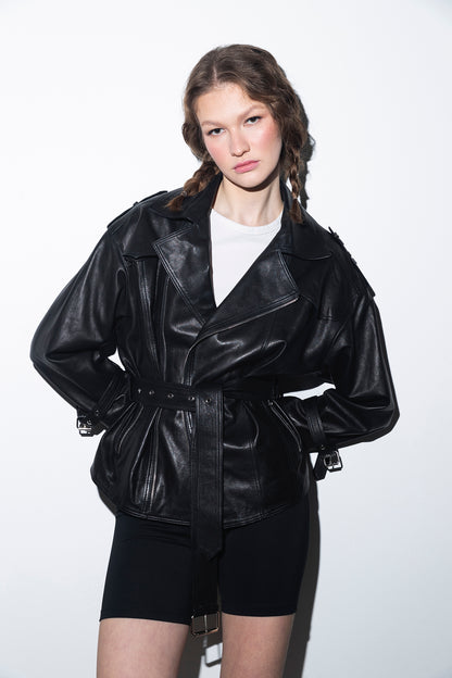 Kai | Siyah Oversized Biker Deri Ceket