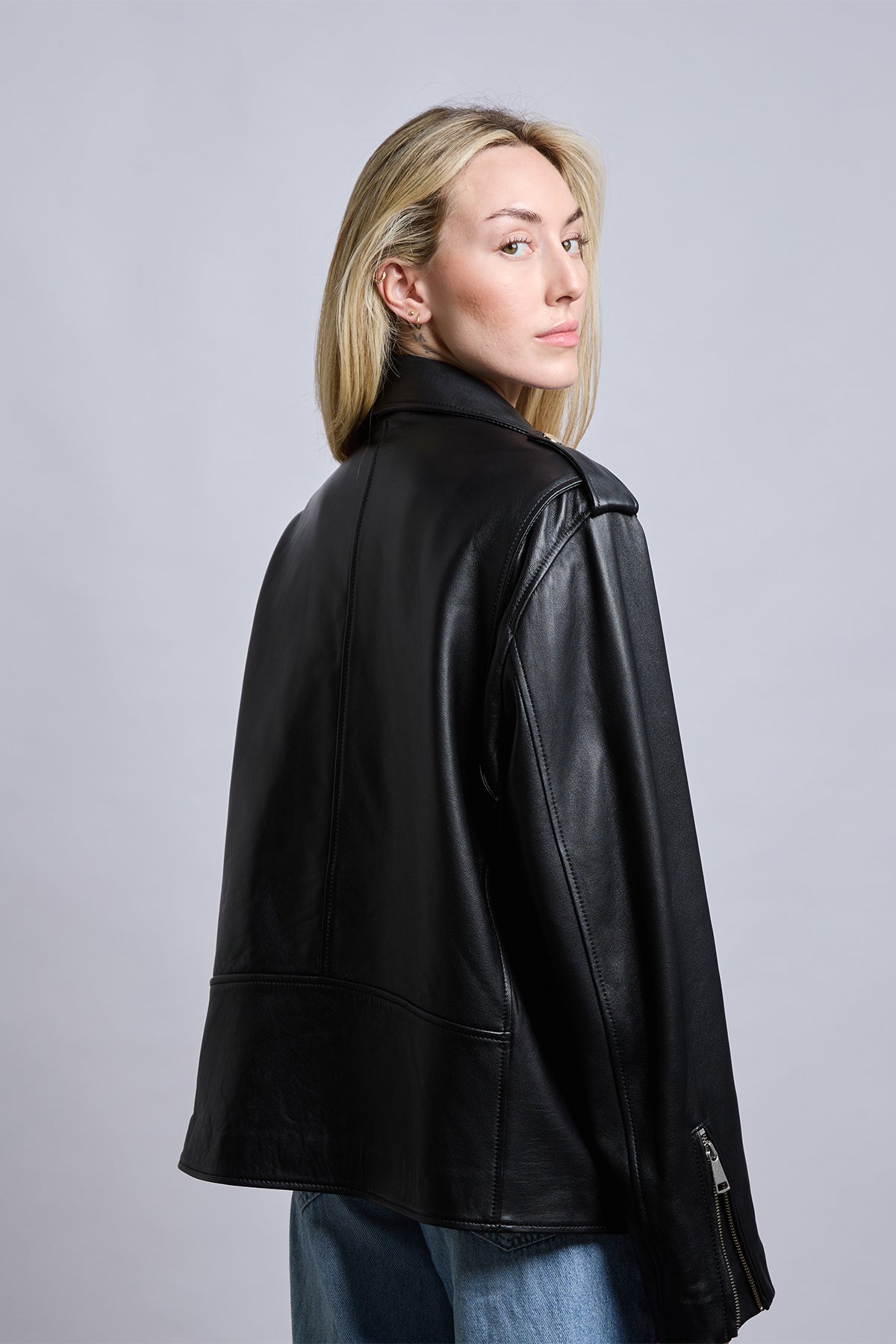 Bond | Siyah Oversized Biker Deri Ceket