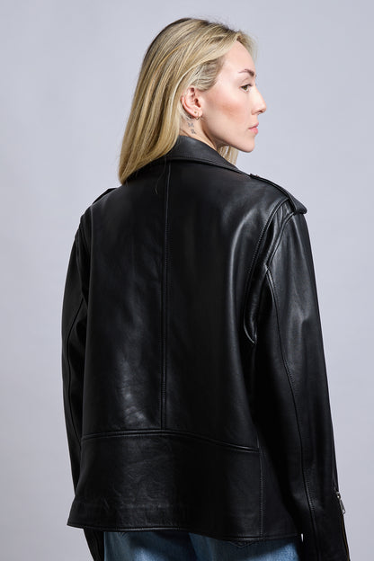 Bond | Siyah Oversized Biker Deri Ceket
