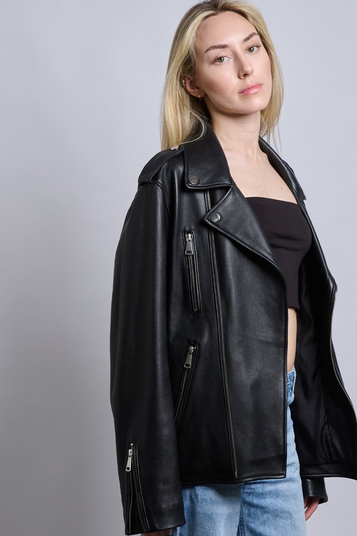 Bond | Siyah Oversized Biker Deri Ceket