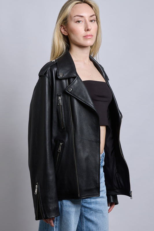 Bond | Siyah Oversized Biker Deri Ceket