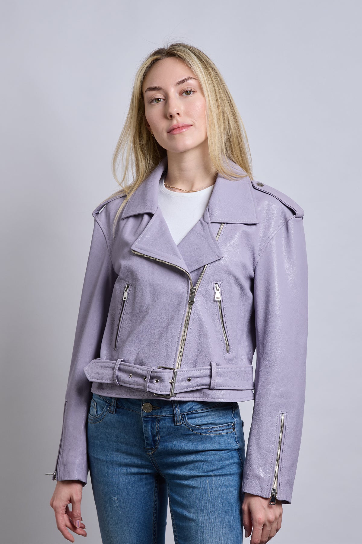 Biker | Lila Apoletli Deri Ceket